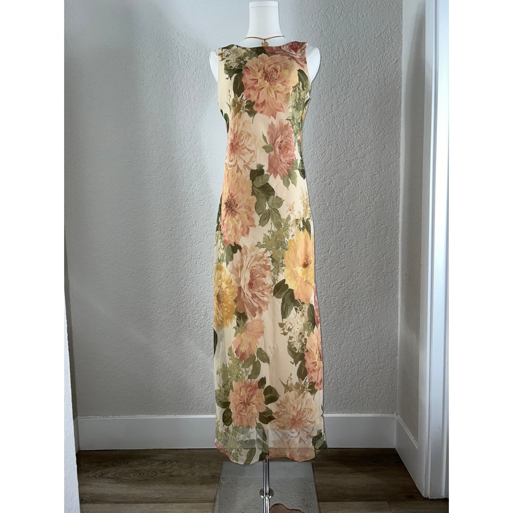Vintage 90s Peach Cream Floral Sheer Mesh Overlay Fishtail Slip Dress Maxi